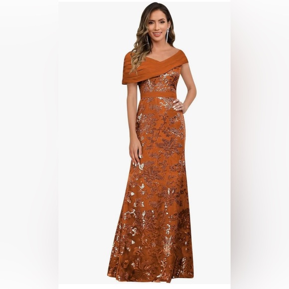 Dresses & Skirts - Burnt Orange Sequin Mermaid MOB and MOG Dresses for Women Chiffon Off Shoulder